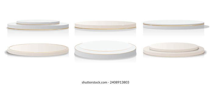 Set of white podium scene isolated on white background. Vector illustration. Product display presentation. Minimal scene