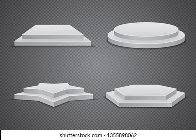 Set of white podiums of different shapes, vector pedestal template