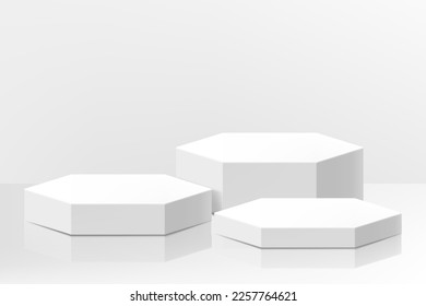 Set of white podiums of different shapes. Showroom pedestals, floor stage platform vector isolated mockup. Basic geometric shape. Promotion display. Realistic 3d vector illustration