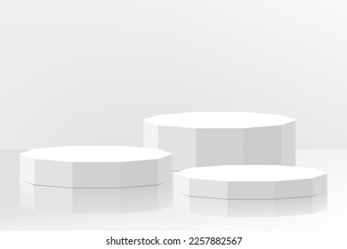 Set of white podiums of different shapes. Showroom pedestals, floor stage platform vector isolated mockup. Basic geometric shape. Promotion display. Realistic 3d vector illustration