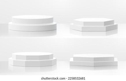 Set of white podiums of different shapes, podiums with steps template. Showroom pedestals, floor stage platform vector isolated mockup. Basic geometric shape. Promotion display. Realistic 3d vector 