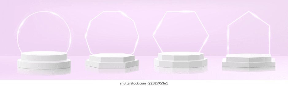 Set of white podiums of different shapes, podiums with steps, with glowing neon polyhedron on purple background. Showroom pedestals, floor stage platform vector isolated mockup. Realistic 3d vector 