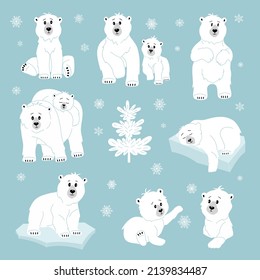 Conjunto de osos polares blancos. Pequeños animales salvajes del norte al estilo de las caricaturas para los niños. Ilustración vectorial dibujada a mano aislada en fondo azul con copos de nieve y árboles. Estilo moderno y moderno.