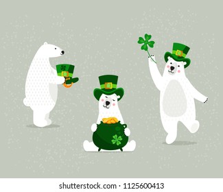 Set white polar bears, in festive headdresses, with accessories, clover leaves, pot gold coins, on St. Patrick's Day. Cute polar fluffy bears, animal mammals, St. Patrick's Day. Vector illustration.