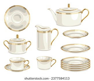 Set of white porcelain collection, old vintage plate, teapot, kettle, cup. Ceramic crockery, antique dish. Concept of britain afternoon tea drinking. Isolated on white background. Vector illustration