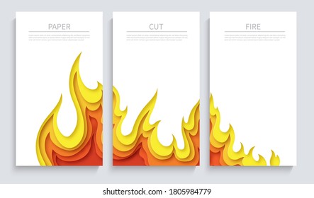 Set of white posters with fire. Layered design in paper style. Place for text. Vector illustration