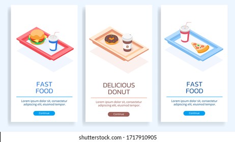 Set of white posters with vector isometric illustrations. The collection includes a burger and sparkling water, a donut with icing and coffee, and a slice of pizza with cola. Sets of food on a tray.