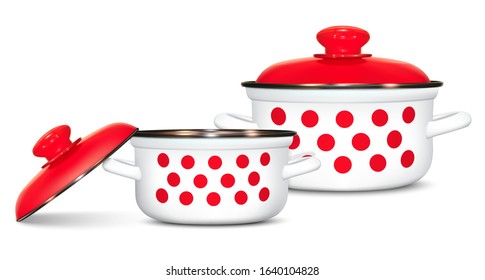 Set of white pots with a pattern of red peas. Cooking. Kitchen utensils. Red lid, metal rim. Realistic image on a white background. Isolated, vector illustration.