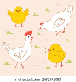 Conjunto de aves de corral blancas de la granja de aves de corral. Gallinas y pollitos aislados en el fondo. Iconos de la familia del pollo en la Ilustración vectorial del estilo plano o de la historieta. Lindo infantil 