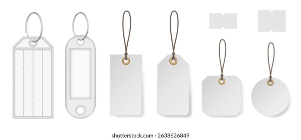 Set of white price tags and keyrings. Price stickers. Luggage tag. Cardboard label for clothes. Key tags with split ring and window. Keychains