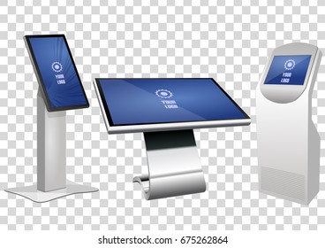 Set of White Promotional Interactive Information Kiosk, Advertising Display, Terminal Stand, Touch Screen Display isolated on transparent background. Mock Up Template.