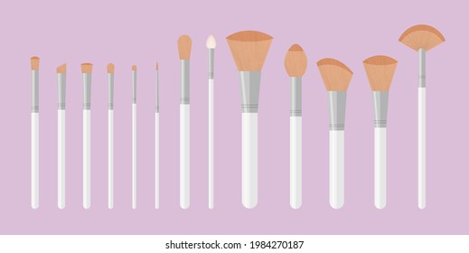 Set of white pure professional brushes for makeup. Make up artist kit. Angle, fan and flat glamour brush. Vector illustration isolated on pink background.