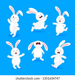 Set of  white rabbits in different pose and expression. Happy Easter day, cartoon character design. Vector illustration isolated on blue background.