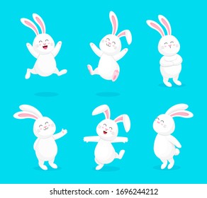Set of  white rabbits in different pose and expression. Happy Easter day, cartoon character design. Vector illustration isolated on blue background.