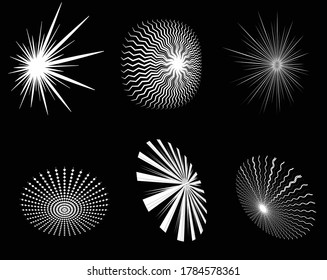 Conjunto de puntos radiales blancos de semitono en forma espiral. Arte geométrico. Elemento de diseño moderno para marco, logotipo, tatuaje, signo, símbolo, páginas web, impresiones, carteles, plantilla, patrón y abstracto