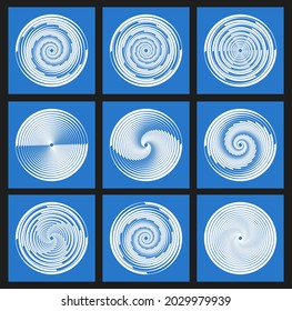  set of white radial velocity lines from white dashed curves, swirling halftone thin thick lines. on a blue background.