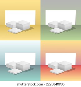 Set of white realistic 3d cube pedestal podium with pastel backdrop. Abstract vector rendering geometric platform. Product display presentation. Minimal scene.