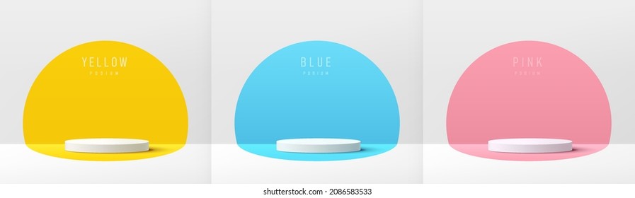 Set of white realistic 3d cylinder pedestal podium with pastel yellow, blue and pink in semi circle backdrop. Abstract vector rendering geometric platform. Product display presentation. Minimal scene.