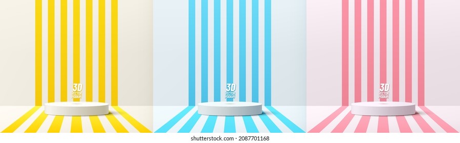 Set of white realistic 3d cylinder pedestal podium with yellow, blue and pink backdrop in perspective stripes pattern. Abstract vector rendering for product display presentation. Pastel minimal scene.