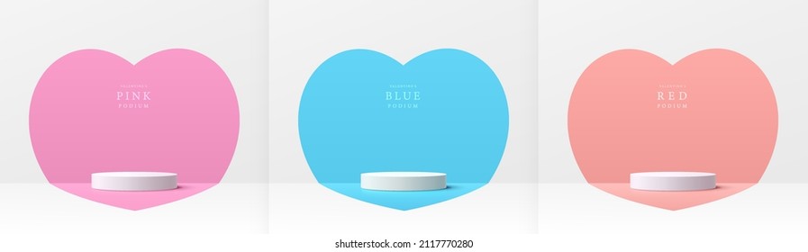 Set of white realistic 3d cylinder pedestal podium with pastel red, blue and pink in hearts shape scene. Abstract vector rendering geometric platform. Product display presentation. Minimal wall scene.