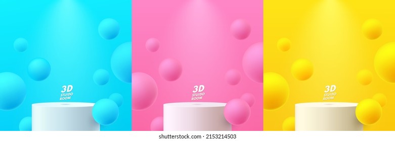 Set of white realistic 3d cylinder stand podium in yellow, blue and pink scene with bubbles ball flying. Abstract minimal scene for mockup products showcase, Promotion display. Vector geometric forms.