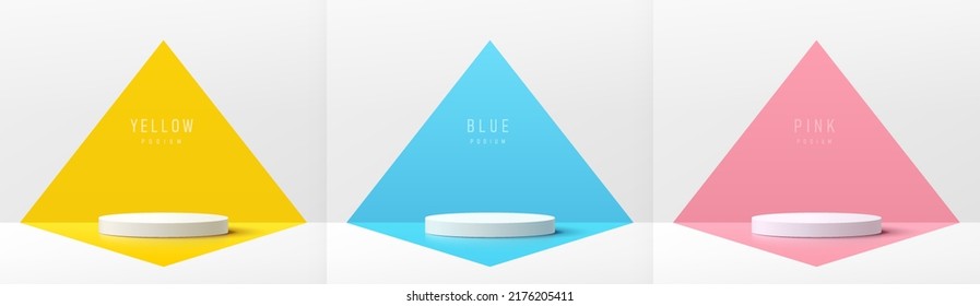 Set of white realistic 3d cylinder pedestal podium with pastel yellow, blue and pink in triangle shape scene. Abstract vector rendering geometric platform. Product display presentation. Minimal scene.