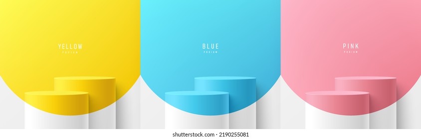 Set of white realistic 3d cylinder stand podium group with pastel yellow, blue and pink in curve shape background. Abstract vector rendering geometric forms. Mockup product display. Minimal scene.