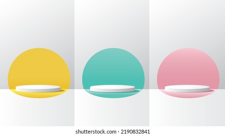 Set of white realistic 3D cylinder podium with pastel yellow, green, and pink in semi-circle backdrop vector background.
