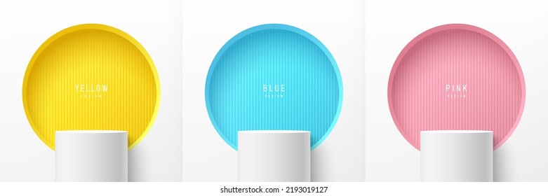 Set of white realistic 3d cylinder stand podium with pastel yellow, blue, pink in round circle shape window background. Abstract vector rendering geometric form. Mockup product display. Minimal scene.