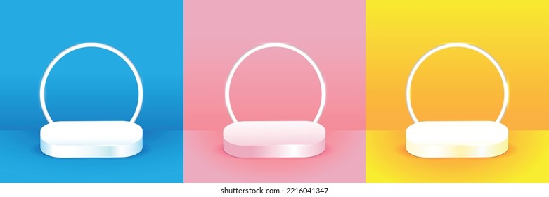 Set of white realistic 3d cylinder pedestal podium with pastel yellow, blue and pink in semi circle backdrop. Abstract vector rendering geometric platform. Product display presentation. Minimal scene.