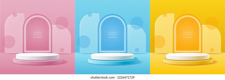 Set of white realistic 3d cylinder pedestal podium with pastel yellow, blue and pink on a neon background. podium for mockup products, promotion display. Vector illustration - Shutterstock ID 2226471729