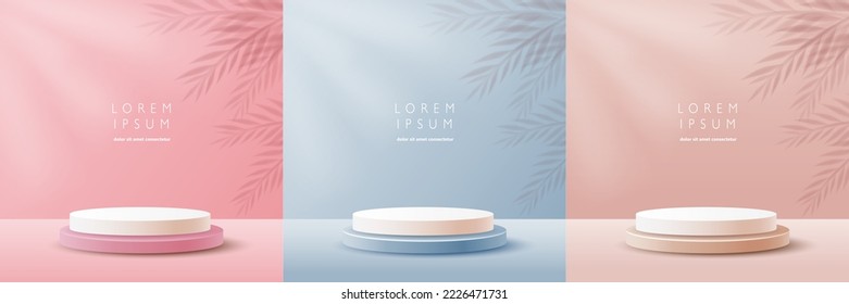 Conjunto de podio pedestal blanco realista de cilindro 3d con crema, azul y rosa sobre un fondo brillante. podio para productos de simulación, pantalla de promoción. Ilustración del vector