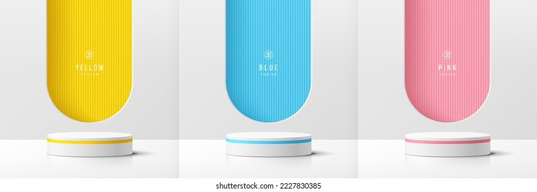 Set of white realistic 3d cylinder pedestal podium with pastel yellow, blue, pink in arch shape wall scene. Abstract minimal vector rendering geometric forms. Mockup product display. Stage showcase.