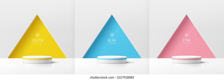 Set of white realistic 3d cylinder pedestal podium with yellow, blue, pink in triangles shape wall scene. Abstract minimal vector rendering geometric forms. Mockup product display. Stage for showcase.