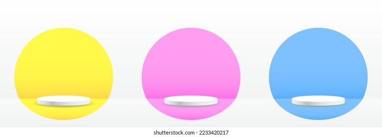 Set of white realistic 3d cylinder pedestal podium with pastel yellow, blue and pink in semi circle backdrop. Abstract vector rendering geometric platform. Product display presentation. Minimal scene