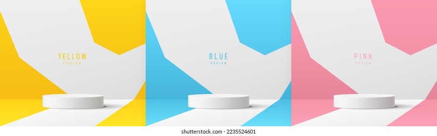 Set of white realistic 3d cylinder pedestal podium with pastel yellow, blue and pink in geometric backdrop. Abstract vector rendering platform. Mockup product display presentation. Minimal wall scene.