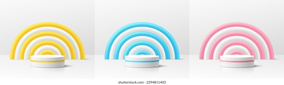 Set of white realistic 3d cylinder pedestal podium with pastel yellow, blue and pink balloons in arch shape. Abstract vector rendering geometric form. Mockup product display. Minimal scene background.