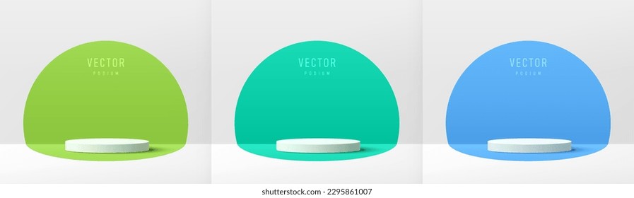 Set of white realistic 3d cylinder pedestal podium with pastel light green and soft blue in semi circle backdrop. Abstract vector 3D rendering geometric platforms. Product display, Minimal wall scene.