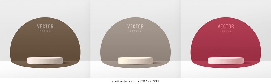 Conjunto de podio peatonal de cilindro 3D blanco realista con rosado oscuro, gris y oscuro en el fondo de semicírculo. Resumen de la plataforma geométrica de representación 3D vectorial. Pantalla de producto de mordaza, escena mínima de pared.