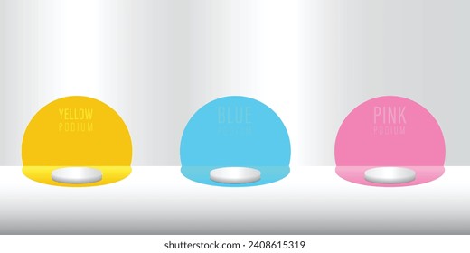Set of white realistic 3d cylinder pedestal podium with  yellow, blue and pink in semi circle backdrop. Abstract vector rendering geometric platform. Product display presentation