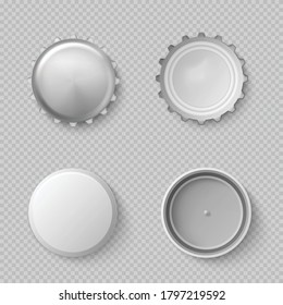 A set white realistic bottle caps  Plastic   metal blank bottle caps view from the outside   inside  Vector realistic illustration isolated transparent background