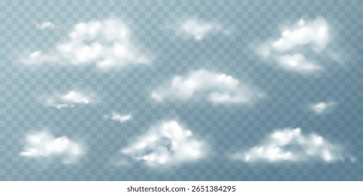 Set of white realistic clouds on transparent background. Isolated elements, smoke texture, fog, weather element. Vector gradient mesh. Nature sky illustration.