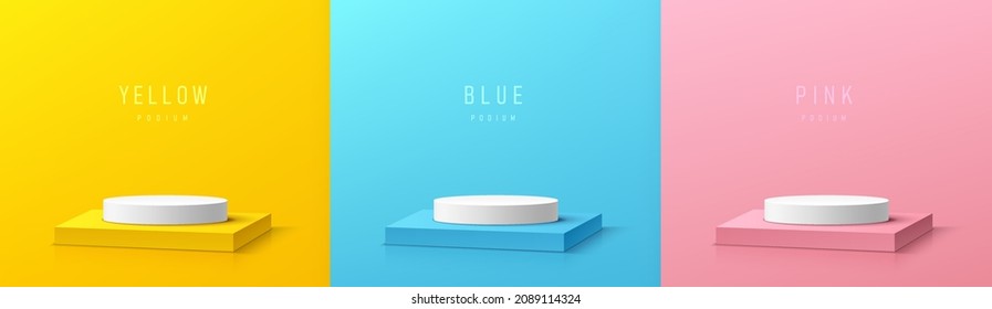 Set of white realistic cylinder pedestal on yellow, Blue and pink cube podium in abstract studio room. Vector rendering 3d shape. Cylinder and cube stage for product display with pastel minimal scene.