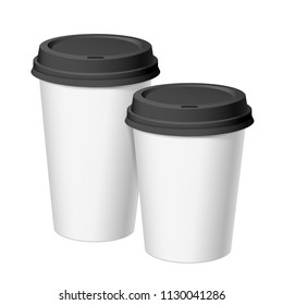 A set of white realistic disposable cups of paper with a black lid. For various hot drinks, coffee, cappuccino, tea. Standard size and large. Template of the brand. Vector illustration.