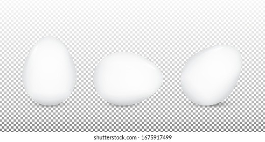 Juego de huevos blancos realistas. Huevos aislados en diferentes posiciones sobre un fondo transparente. Ilustración vectorial de material.