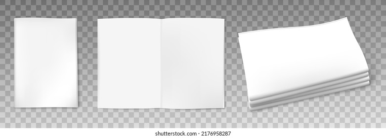 Set of white realistic empty newspaper mockups, vector illustration isolated on transparent background. Front page, newspaper spread, stack of folded. Daily press or mass media concept