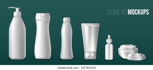 Set of White realistic empty tubes for toothpaste, cream, lotion, gel, paint. Vector isolated objects on a dark background. Mock up for banner, card, brochure and booklet. packaging illustration.