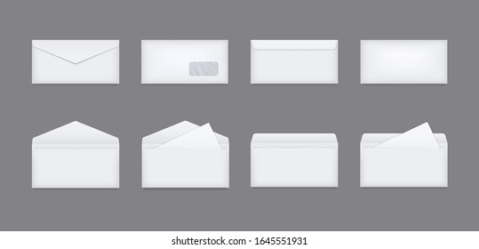 Set of white realistic envelopes. Open and closed envelope with a sheet of white paper. Isolated vector illustration