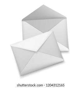 Set of white, realistic envelopes, opened and closed envelopes isolated on white background. Vector illustration mockup