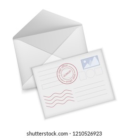 Set of white, realistic envelopes, opened and closed envelopes isolated on white background. Vector illustration mockup